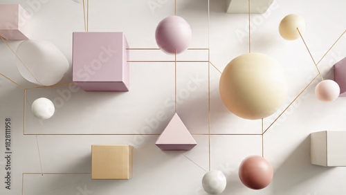 Abstract geometric shapes composition with lines and spheres on a white background