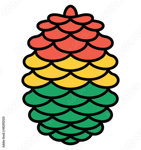 A stylized pinecone illustration features layered scales in red, yellow, and green.