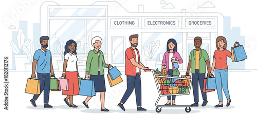 Diverse group of people shopping in front of a shopping center isolated on white background