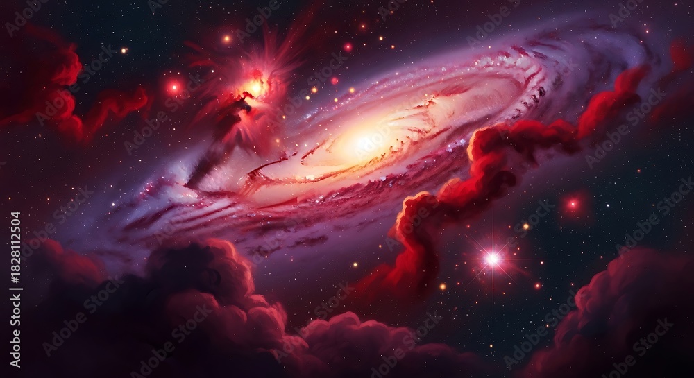 Fototapeta premium Cosmic Symphony - A Vibrant Galaxy Amidst Nebulous Clouds.