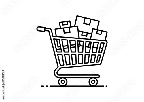 A shopping cart is filled with boxes, suggesting commerce and purchasing goods.