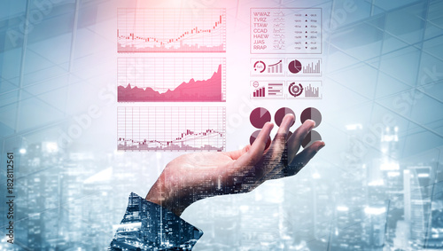 Canvas Print A hand reaching out presents financial graphs and charts, symbolizing the pursuit of business insights in a modern city backdrop, emphasizing growth and analysis