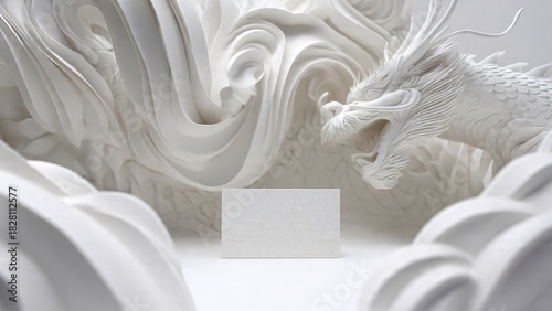 Abstract white dragon sculpture with swirling cloud elements and blank space