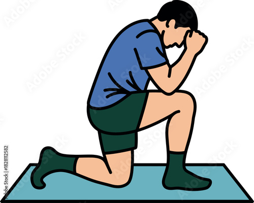 A man kneels on a mat with his head bowed in prayer or reflection.