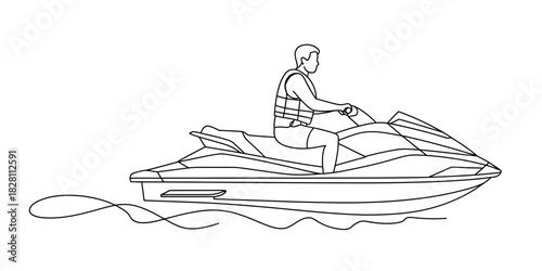 A person wearing a life vest rides a jet ski on the water.