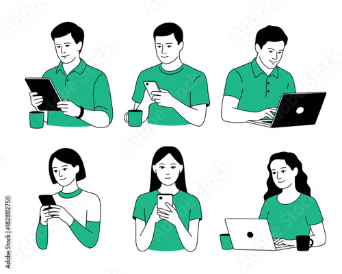 People using various digital devices like phones, tablets, and laptops in a modern setting.