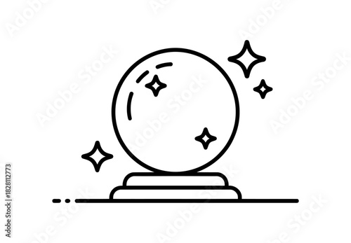 A simple line drawing of a crystal ball with sparkles on a stand.