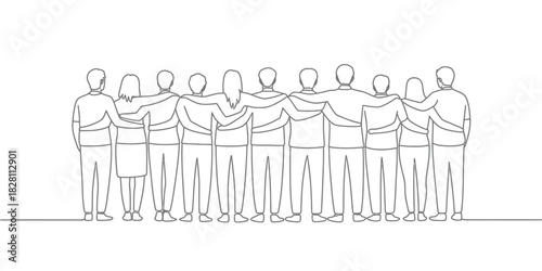 A diverse group of people stands together with their arms around each other's shoulders, showing unity.