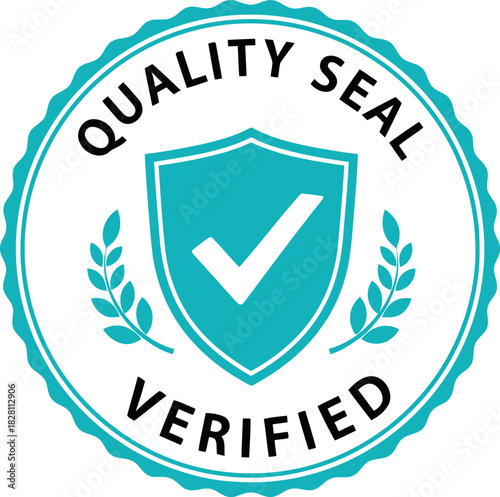 Quality seal verified shield badge with checkmark and laurels