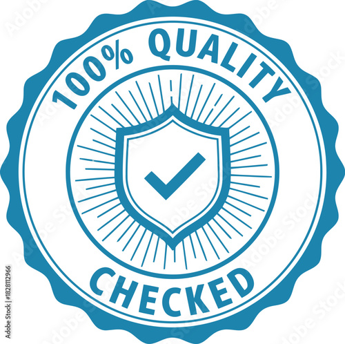 100% quality checked blue badge seal with shield and checkmark