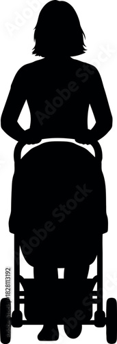 Mother pushing baby stroller, full body silhouette vector art