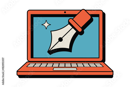 A stylized illustration of a laptop screen displaying a fountain pen nib icon, representing digital creativity and design.