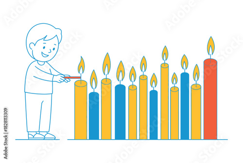 A smiling child lights candles on a menorah for Hanukkah, a Jewish holiday.