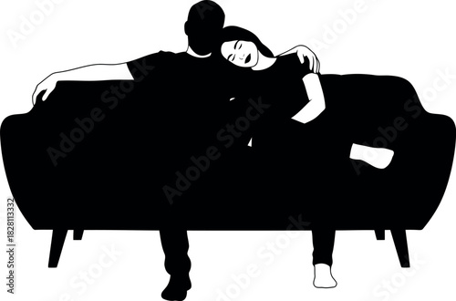 Couple relaxing on sofa, woman leaning on man's shoulder, love