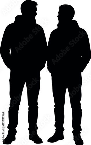 Two male adult silhouettes standing, facing each other on white