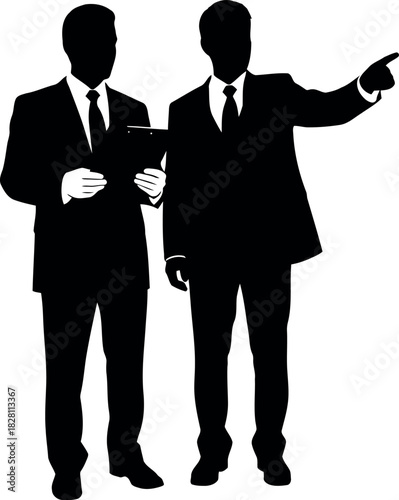 Businessmen silhouettes pointing and discussing corporate plan
