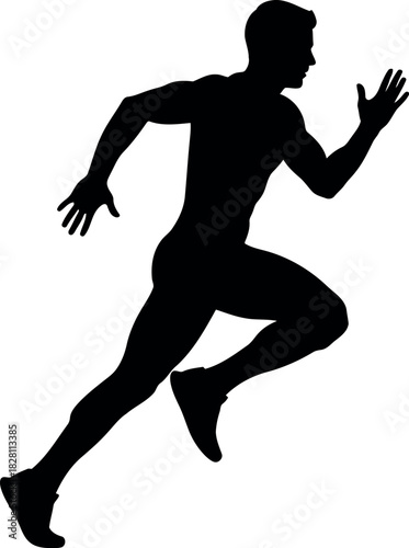 Running man silhouette, dynamic sprint, athletic fitness graphic