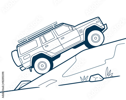 An off-road vehicle ascends a steep, rocky incline.