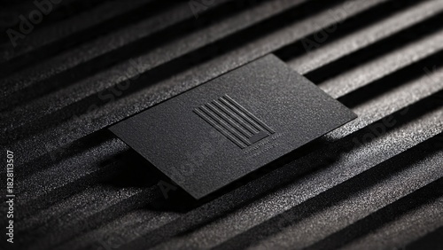 Elegant black business card with embossed design on textured surface