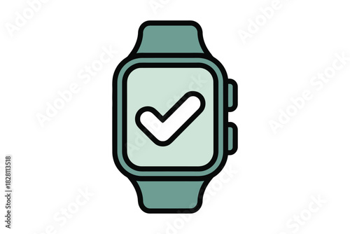 A smartwatch displays a checkmark, indicating a completed task or successful status.
