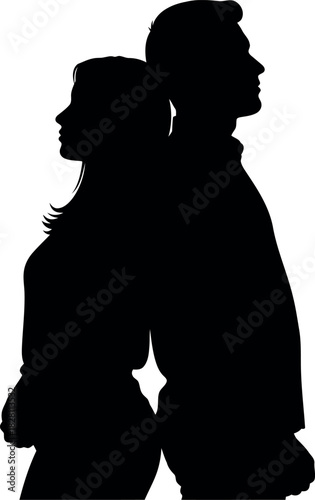 Silhouette of couple standing back to back, relationship conflict