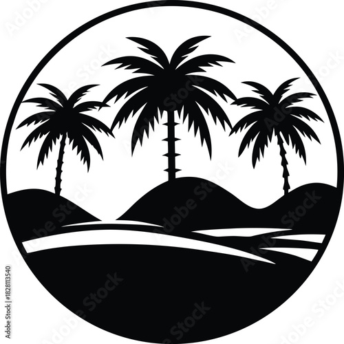 Desert oasis with tall palms and glowing sunset atmosphere Vector illustration