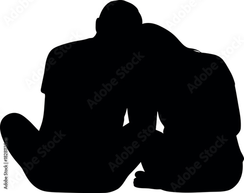 Couple silhouette sitting, head on shoulder, tender loving moment