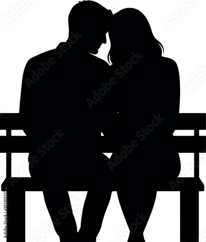 Loving couple silhouette sitting on a bench with heads touching