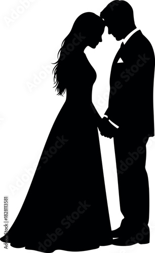 Romantic couple silhouette holding hands, foreheads touching, vector