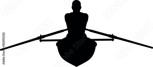 Silhouette of a rower in a single scull boat, water sport activity