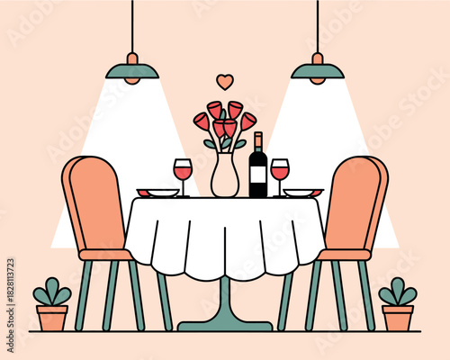 A romantic dinner setting for two with roses and wine is prepared for an intimate evening.