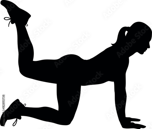 Female athlete doing donkey kick exercise, fitness workout silhouette.
