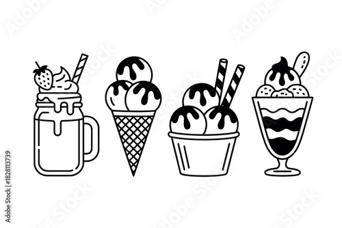 A selection of stylized ice cream treats are depicted in a line against a white background.