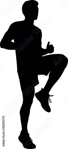 Male athlete silhouette performing high knee exercise on white