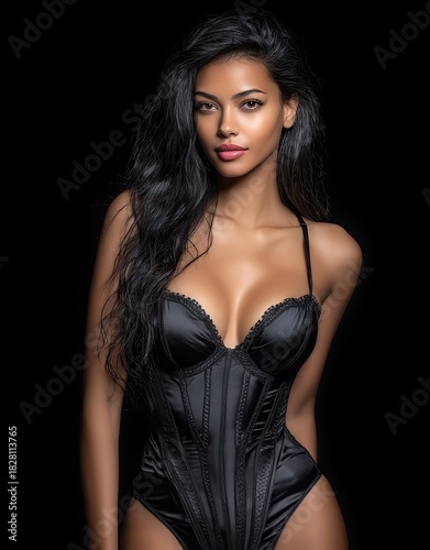 A woman in a black lingerie is standing in front of a black background. She has long hair and a big smile on her face