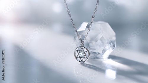 Elegant silver pendant necklace with a star design on reflective surface