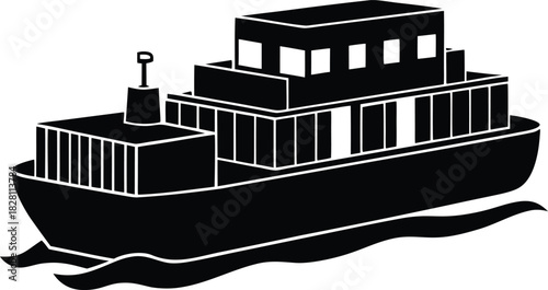 River barge floating with stacked containers in calm waterway Vector illustration