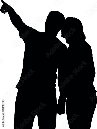 Silhouettes of a man and woman pointing, exploring the future