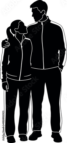 Silhouette of a loving couple in activewear looking at each other