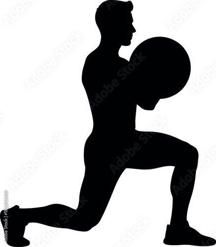 Male doing lunge with medicine ball. fitness workout silhouette icon.