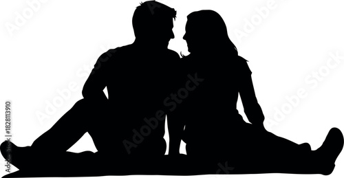 Couple sitting together in intimate silhouette on white background