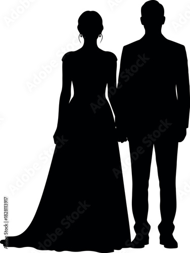 Elegant wedding couple silhouette holding hands on white backdrop.