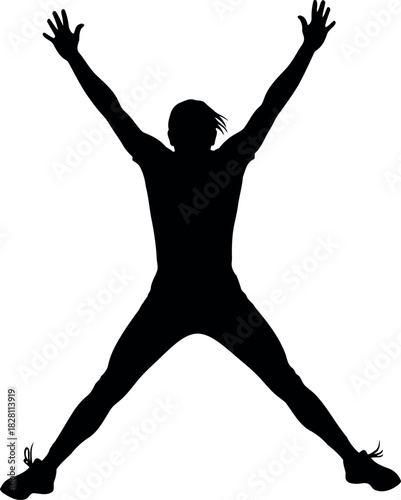Energetic person silhouette jumping with arms and legs spread