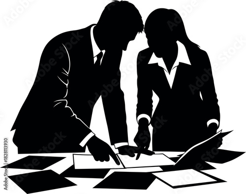 Business partners collaborating, analyzing documents and strategy