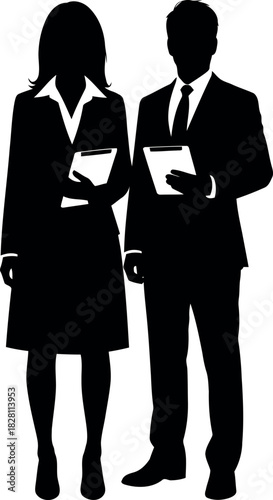 Business professionals holding tablets, corporate teamwork silhouette.