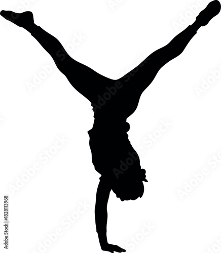 Female athlete performing a dynamic handstand, body balance workout.