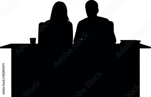 Business partners in silhouette sitting at desk working together
