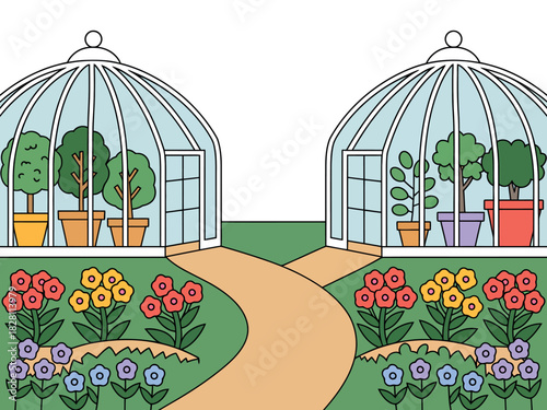 Two symmetrical greenhouses showcase healthy potted plants with a colorful flower border in front.