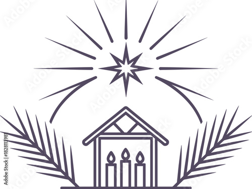 A stylized depiction of the Nativity scene with a shining star and candles.
