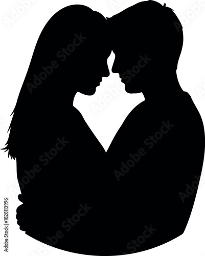 Romantic silhouette of embracing couple with foreheads touching